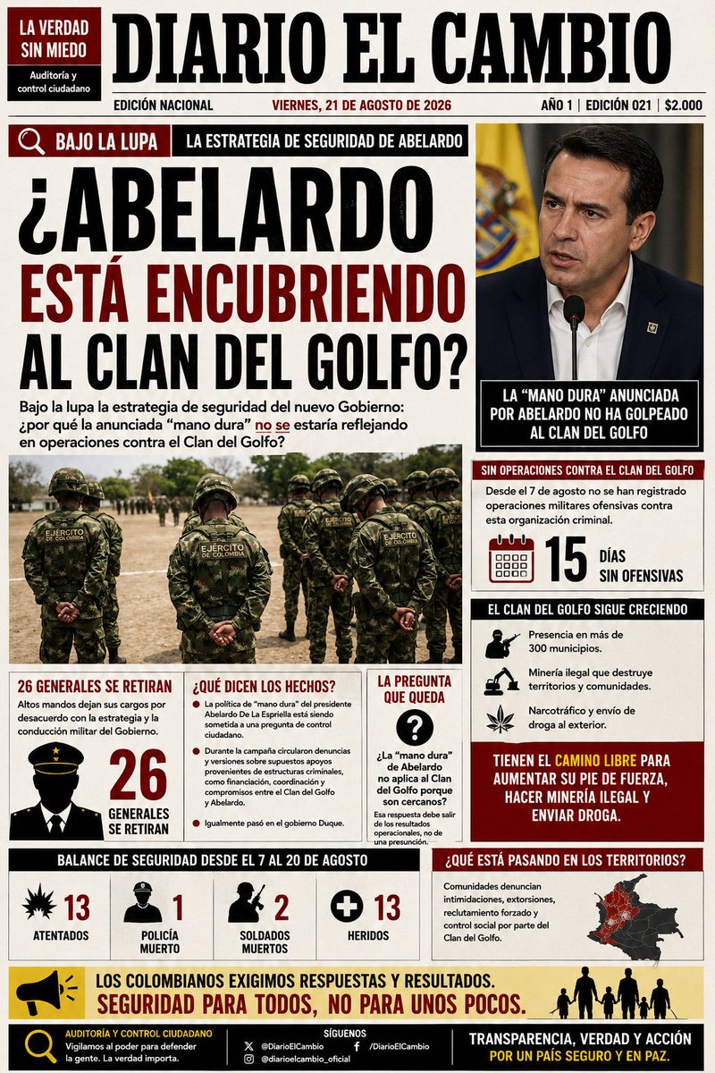Diarioelcambio1's tweet photo. 🚨 ¿ABELARDO ESTÁ ENCUBRIENDO AL CLAN DEL GOLFO?

26 generales se retiran por desacuerdo con Abelardo. Esta bajo la lupa: ¿por qué no se estarían realizando ofensivas contra el Clan del Golfo? Que venía debilitado antes del 7 de agosto. 
  #Seguridad #Colombia #Abelardo https://t.co/ySQ7QXVvWm
