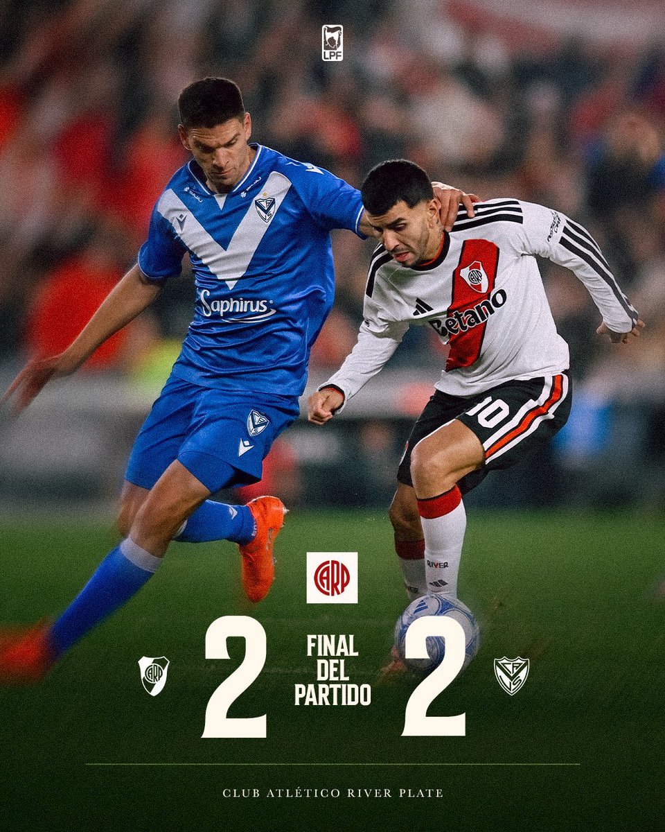 WRedchuk's tweet photo. Empataron #River y #Velez 2-2 en el Monumental.

⚽ Para River Correa y Silvero en contra

⚽ Para Vélez Valdés y Lanzini https://t.co/yVkCBfQc98