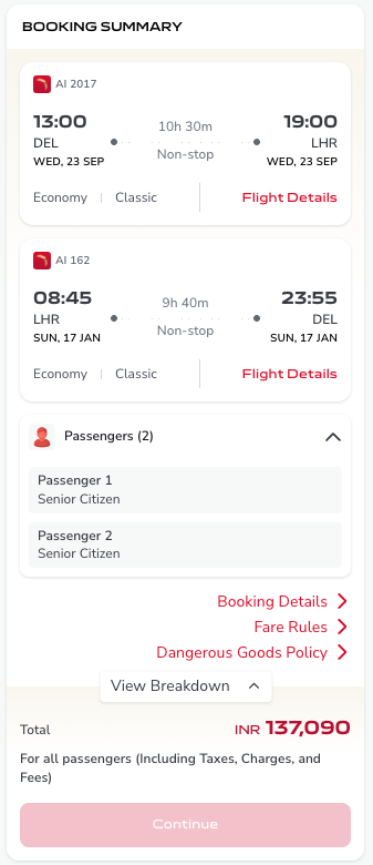 sg_jkt's tweet photo. AI's own site sells my exact route/cabin, 2 senior citizens, DEL-LHR &amp; LHR-DEL, both non-stop, for ₹137,090 today. I already paid ~₹160k. Yet they want ₹75k MORE to "change" my ticket = ₹235k for a seat the public books for ₹137k. Make it make sense. @airindia @MoCA_GoI https://t.co/nDN3FscjNO