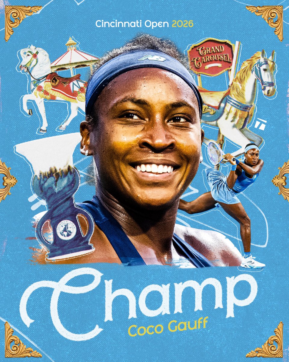 TennisChannel's tweet photo. QUEEN OF THE QUEEN CITY 👑 

Coco Gauff defeats Pegula 6-2, 6-4 to win her 2nd Cincinnati Open title 👏 

#Cincytennis https://t.co/EGeV84kUwg