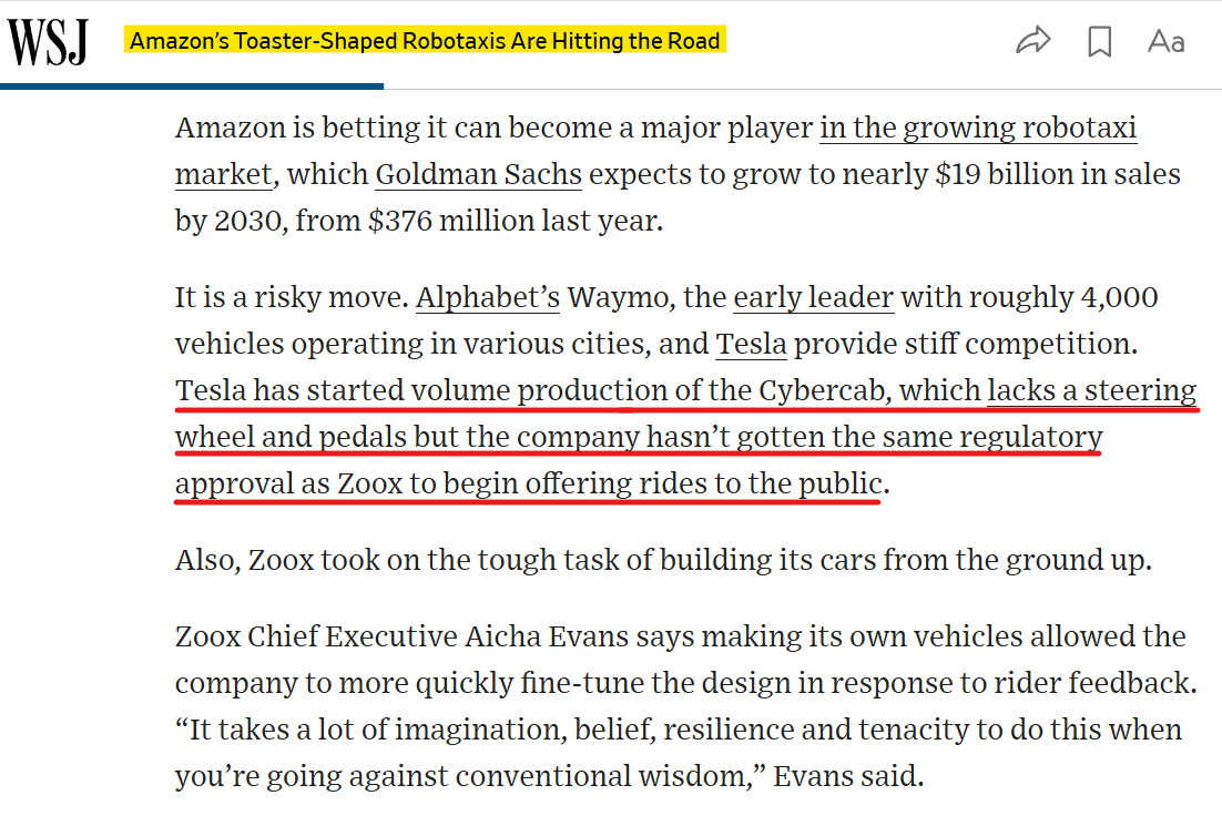 BradMunchen's tweet photo. Tesla hasn't gotten the same regulatory approval as Zoox for its Cybercab because Tesla's automated driving system (FSD) still maims and kills people.  

$TSLA https://t.co/nQGphaxJaf