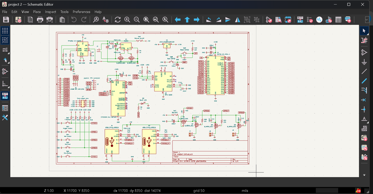 BrahimDev_3d's tweet photo. New project: custom ESP32-S3 embedded board.

Building a compact PCB with an ESP32-S3 core, MPU-6050 IMU, dual USB-C, and onboard Li-Po charging. Schematic complete — now routing in KiCad.
More soon as it moves from schematic to fabricated board.
#PCBDesign #EmbeddedSystems #elec https://t.co/DE0d7A4REv