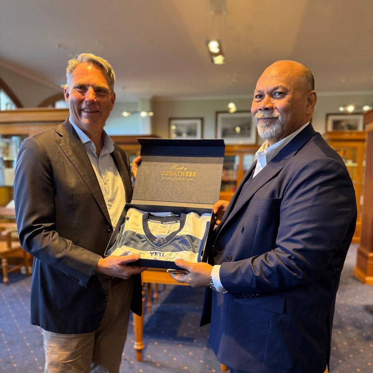 Republic_Naoero's tweet photo. President Adeang held a courtesy meeting with Aus. Deputy PM the Hon. Richard Marles MP at Geelong Grammar. The leaders discussed progress in implementing the Naoero–Australia Treaty &amp; reaffirmed their commitment to strengthening the longstanding partnership between Naoero &amp; Aus. https://t.co/fa7IeEtPGq