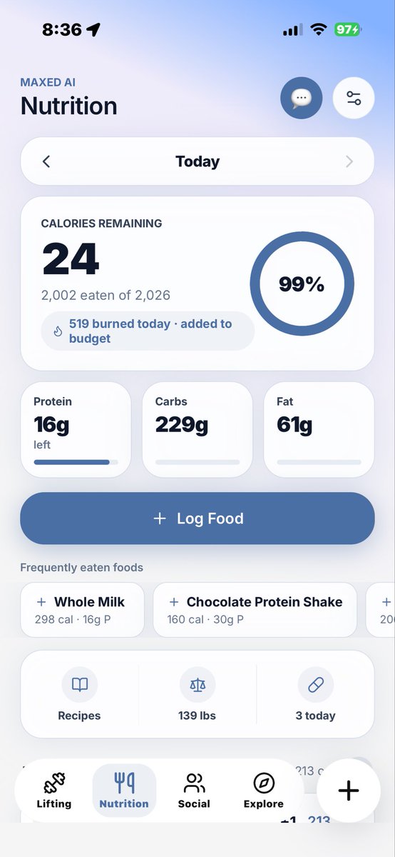 rowingcoachac's tweet photo. @ChrisRBarron I cant find anything in my fridge to get that last 1%, but did pretty good today! I couldnt find a “cardio” or “running” workout in the UI to log the 3.5 miles I did after my lift so I may actually be way under my budget. https://t.co/AjjhY5VkKm