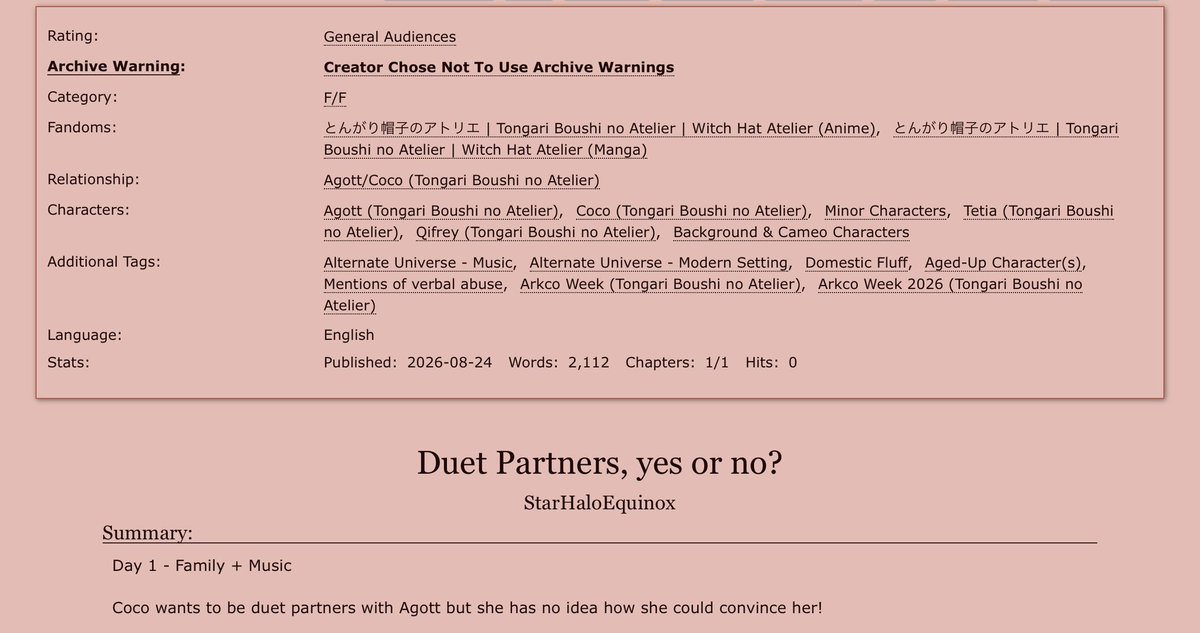 Mukudayo's tweet photo. I wrote a fic for the first day of #ArkcoWeek2026!! You can read it now on ao3
https://t.co/9nV1qK18jN https://t.co/h28bDA0Nau