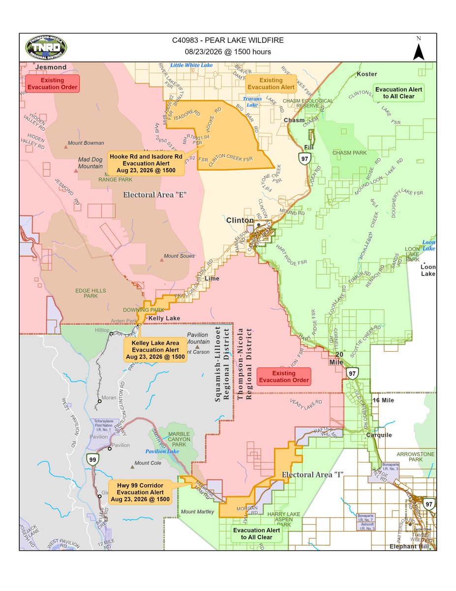TNRD's tweet photo. This afternoon, we made several updates to the Pear Lake wildfire. The Evac. Order has been downgraded to an Alert for approx. 20 properties. Alerts for approx. 1,243 properties have been rescinded to All Clear. Visit our interactive map for updates: https://t.co/LwtXsJ4xOQ https://t.co/Y9RolAe17r