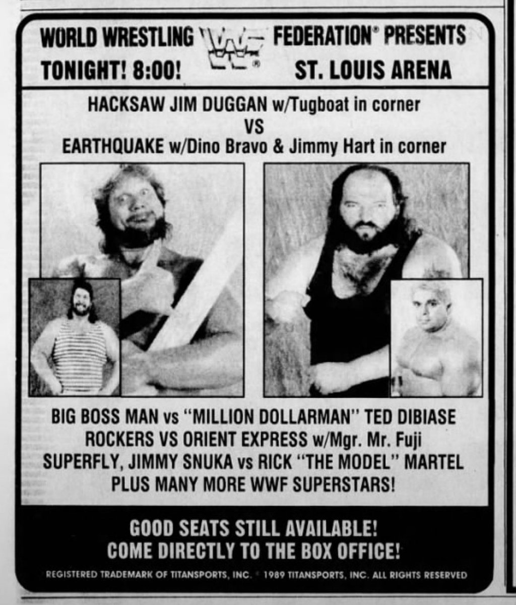 RealHacksawJim's tweet photo. In St. Louis, Missouri #OTD in 1990!

I had big Tugboat in my corner as I took on Earthquake with Dino Bravo and @RealJimmyHart!

#OnThisDay #WWE https://t.co/TXdm8sxgsm