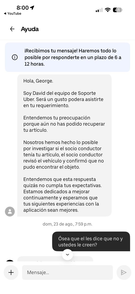 geoxd123's tweet photo. En serio esto es una respuesta? Entiendo que el error fue mío el que se me quedará algo ahí, pero primero me hayan dicho que la persona que está conduciendo no tiene un registro previo y segundo que me digan que con uno les basta y cierran mi caso en serio de lo peor @Uber #uber https://t.co/4zIVre9IDZ