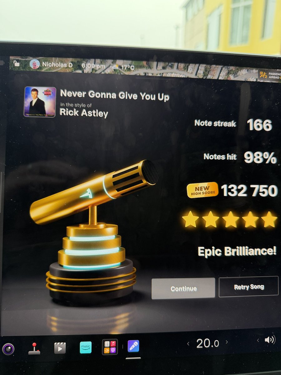 nickdamian0's tweet photo. Love this new Tesla karaoke feature. I think I missed my calling as Rick Astley 2.0 https://t.co/EaYAtHDoRd