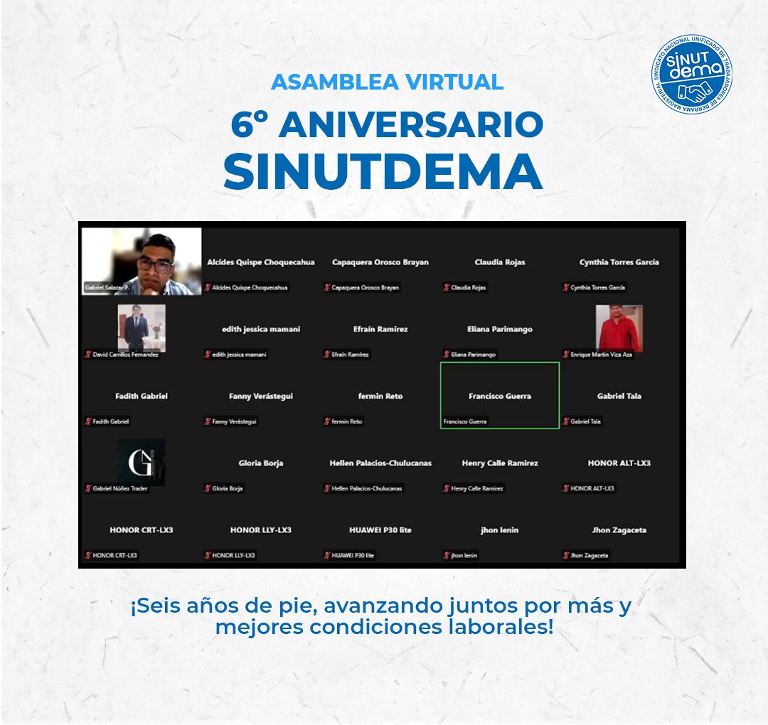 sinutdema's tweet photo. ¡6 años de unidad, organización y lucha sindical!
Nos reencontramos en la Asamblea Virtual por el 6.º Aniversario del @sinutdema , donde nuestra Junta Directiva presentó el balance de gestión y los avances en la negociación colectiva. https://t.co/ibh40RMudX