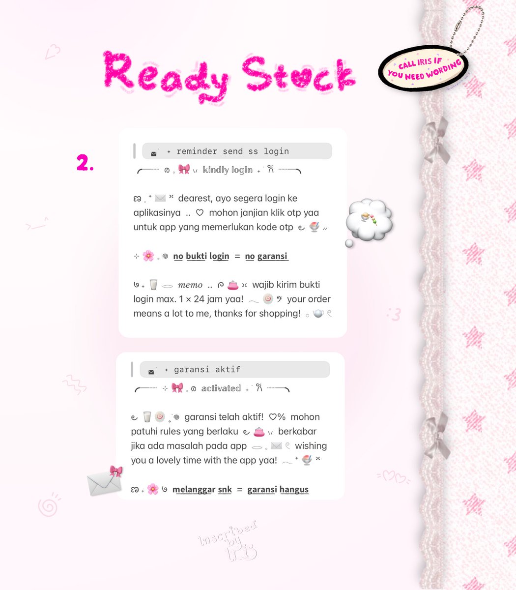 wordinh's tweet photo. ⠀
𝗍𝖺𝗉𝗍𝖺𝗉 𝗋𝖾𝗉𝗈𝗌𝗍 𝗉𝗅𝖾𝖺𝗌𝖾  ♡%

🍥🍧  open adoption for  :  < BUNDLE REMINDER SS LOGIN + GARANSI AKTIF WORDING >  🥛  only 9.500 coins @ bundle!  🌸  bisa req ganti emoji iaaa  👛  knock mi dm—ie to purchase yaa  🎀

💌  —  #bealanja rs ready stock https://t.co/sUYv0NxIUr