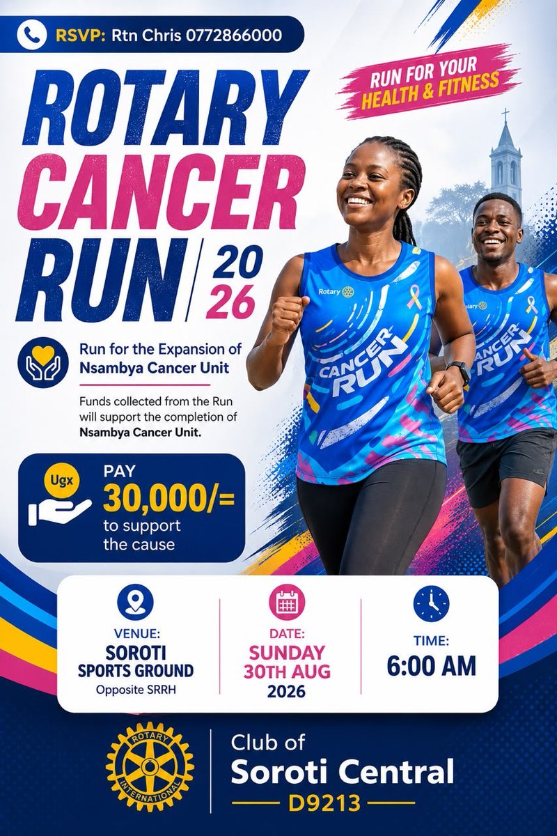 RotarySorotic's tweet photo. RUN FOR A CAUSE
30th of August 2026 don't miss out on the Rotary cancer run at Soroti sports grounds https://t.co/4H8XXsZ58P