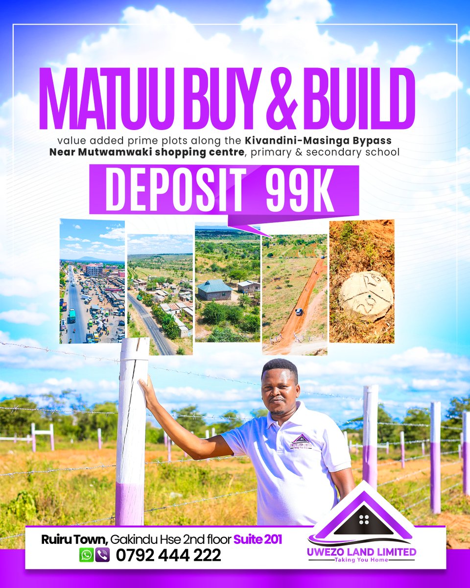 UwezoLand's tweet photo. MATUU BUY &amp; BUILD – PRIME PLOTS FOR SALE!
Along Kivandini -Masinga Bypass, near Mutwamwaki Shopping Centre

✅10 mins to Matuu Town
🏡 500m from tarmac 
🏫 Near schools | Ideal for home or investment
🚗 FREE SITE VISITS

Cash:  250K
Installments: 280K
Deposit:  99K https://t.co/wcygbDGbsE