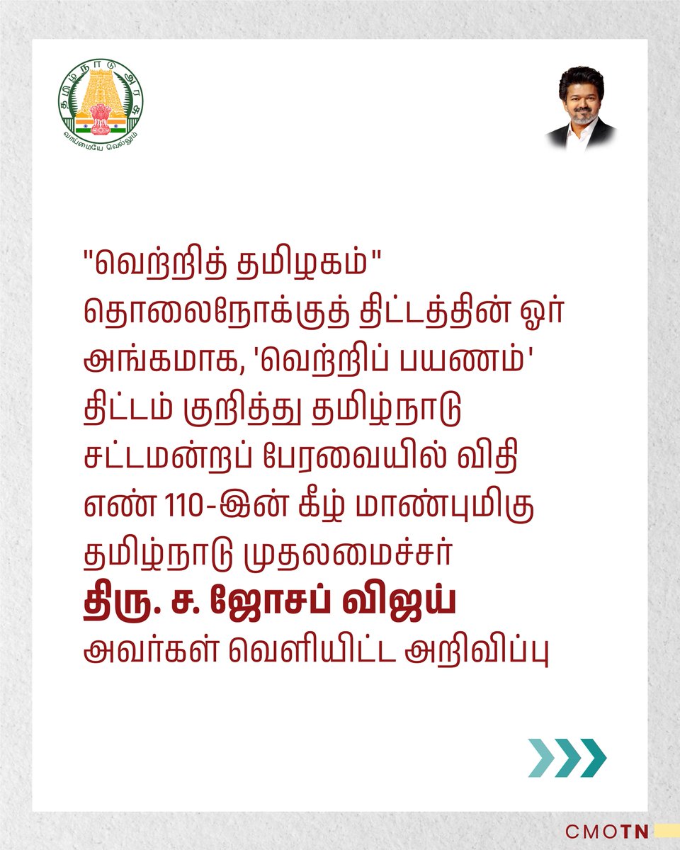 CMOTamilnadu's tweet photo. வெற்றித் தமிழகம்தொலைநோக்குத் திட்டத்தின் ஓர் அங்கமாக, வெற்றிப் பயணம் திட்டம் குறித்து தமிழ்நாடு சட்டமன்றப் பேரவையில் விதி எண் 110-ன் கீழ் மாண்புமிகு தமிழ்நாடு முதலமைச்சர் திரு.ச.ஜோசப் விஜய் அவர்கள் வெளியிட்ட அறிவிப்பு.

#CMJosephVijay‌ https://t.co/CaJyshZh0J