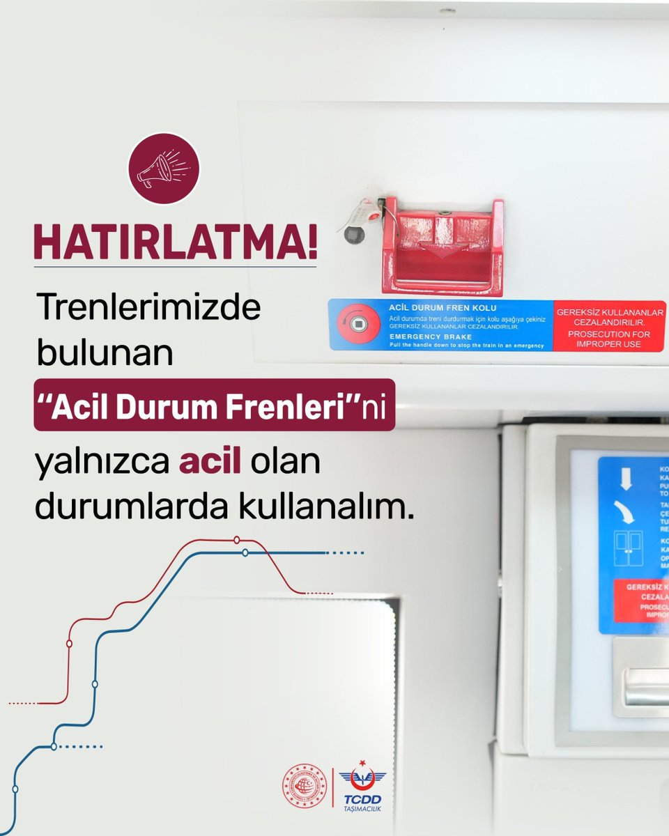 TCDDTasimacilik's tweet photo. DEĞERLİ YOLCULARIMIZA UFAK BİR HATIRLATMA!

Başkentray ve Marmaray‘da bulunan ‘‘Acil Durum Frenleri’’ni yalnızca acil olan durumlarda kullanın⚠️ 

Acil durum frenlerinin gereksiz kullanımı sefer saatlerinde gecikmelere ve aksamalara sebep olabilir, sefer güvenliğini tehlikeye atabilir.        
 
*Acil durum frenlerinin gereksiz kullanımı sonucu oluşabilecek gecikmenin zararı, ilgili yolcudan tazmin edilmektedir.  

#TürkiyeHızlanıyor 🇹🇷