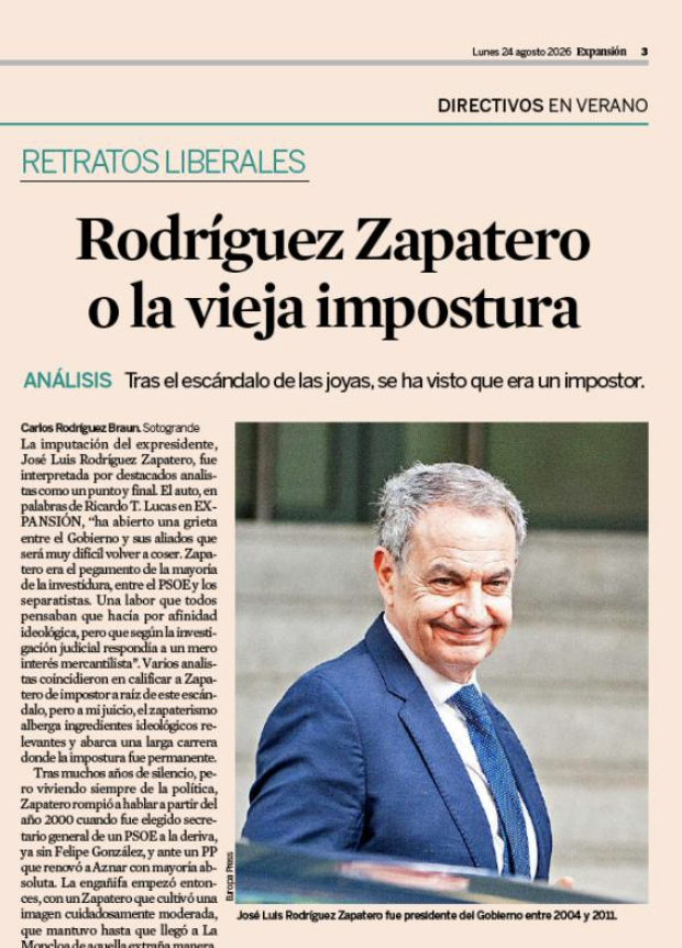 rodriguezbraun's tweet photo. Rodríguez Zapatero o la vieja impostura.
https://t.co/scL3YtebVd
A raíz de su imputación, el expresidente fue calificado de impostor, pero en la carrera de Zapatero la impostura aparece mucho antes.
#RetratosLiberales en @exp_directivos @expansioncom https://t.co/QS3k2155LO
