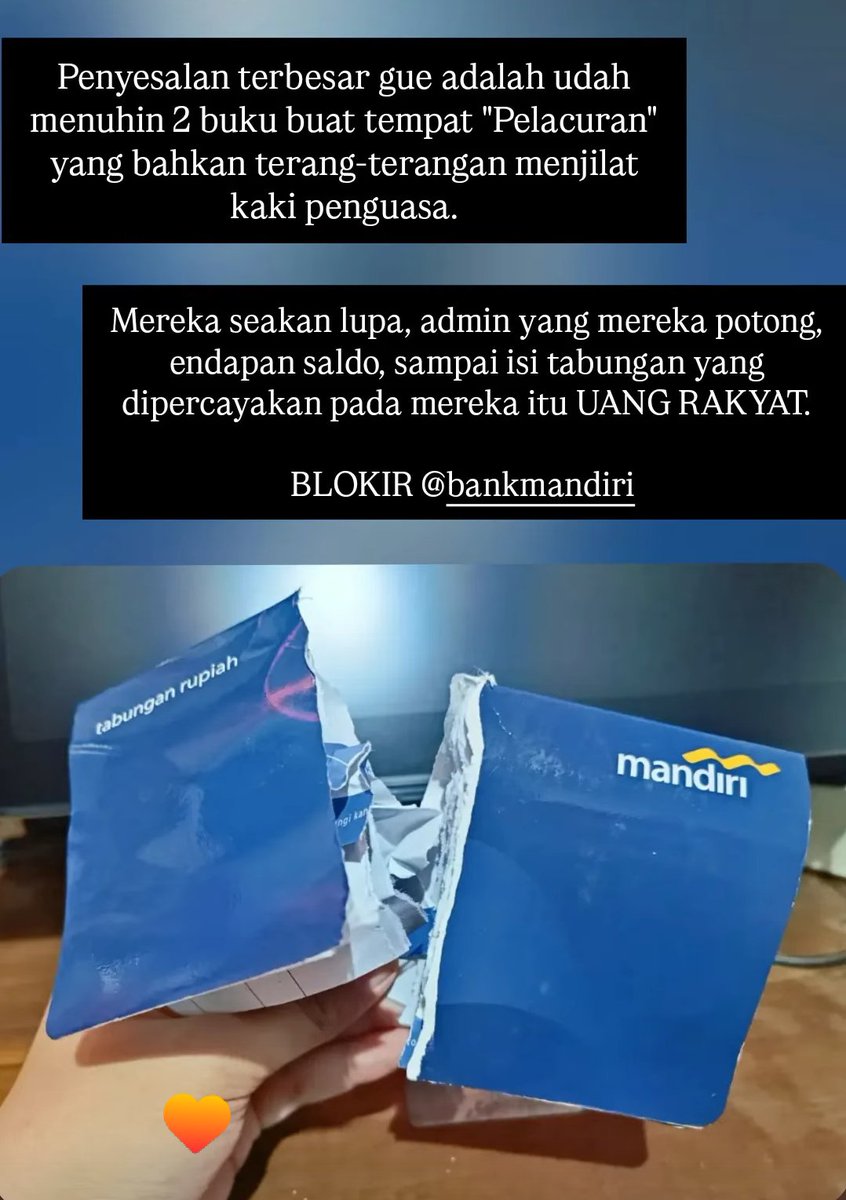 AstaRhee's tweet photo. DONE 👎👎👎 Bank Mandiri

Shame on you, gak ada nurani, GAK ADA OTAK
Mau aja jadi penjilat kaki si coklat.
#Blokir https://t.co/wpwYH6K70a