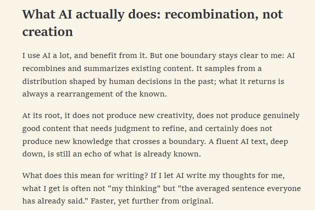 BobLau5's tweet photo. Nearing 100 posts.
A hundred AI‑generated posts mean little. What counts are your own judgments, doubts, and reflections.
Treat AI as an extension of your mind, not a substitute for it. Guard your ability to think.
https://t.co/PskgNT56vI https://t.co/IiURxTTwoa