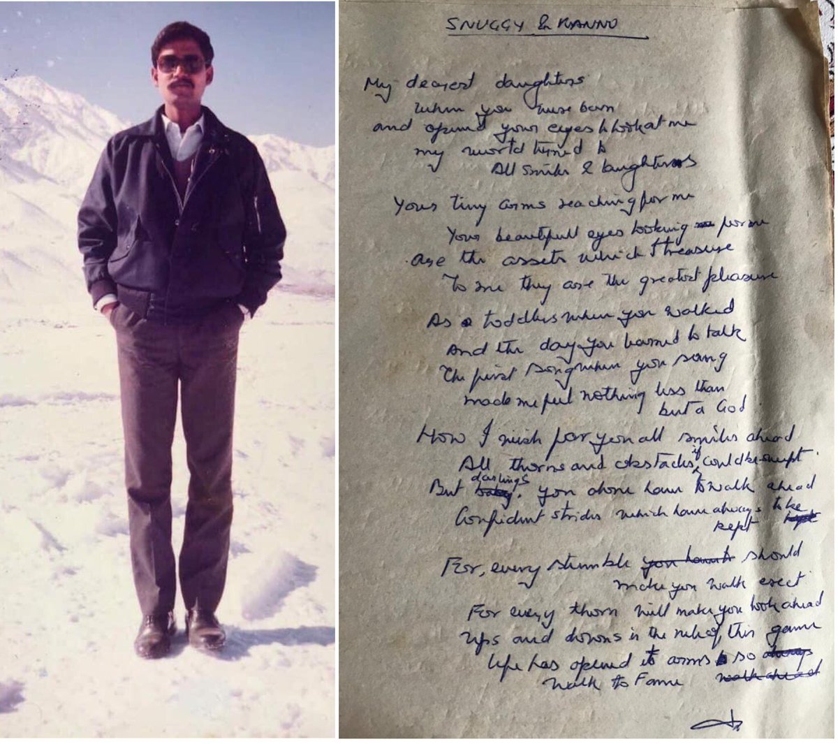 37VManhas's tweet photo. He may have taken 25 minutes to draft this poem, but it took 25 years for his wife @KBaduni to share the poem with his daughters. 
Sharing poem written by a Fauji Papa from battlefield for his daughters.

Homage to
MAJOR SANJAY BADUNI
136 FIELD - 25 RR
on his #BalidanDiwas today. https://t.co/cfyioUxeQ3