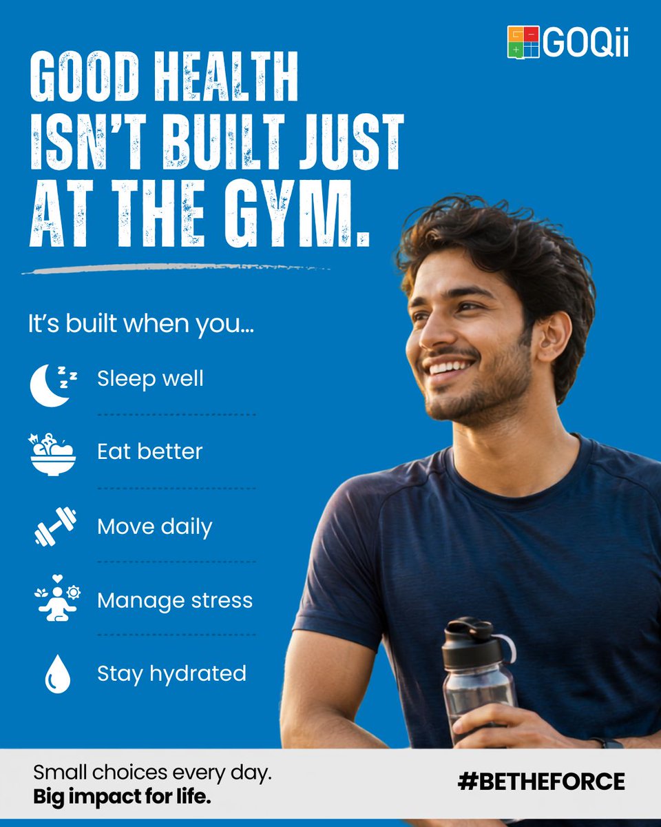 GOQii's tweet photo. Good health isnβt built in a single workout. Itβs built in the choices you make every day. π
Sleep well. Eat better. Move daily. Manage stress. Stay hydrated.
Because small, consistent choices today can create a healthier tomorrow.
#BeTheForce #GOQii #HealthyLiving #Wellness https://t.co/d2imbynyse