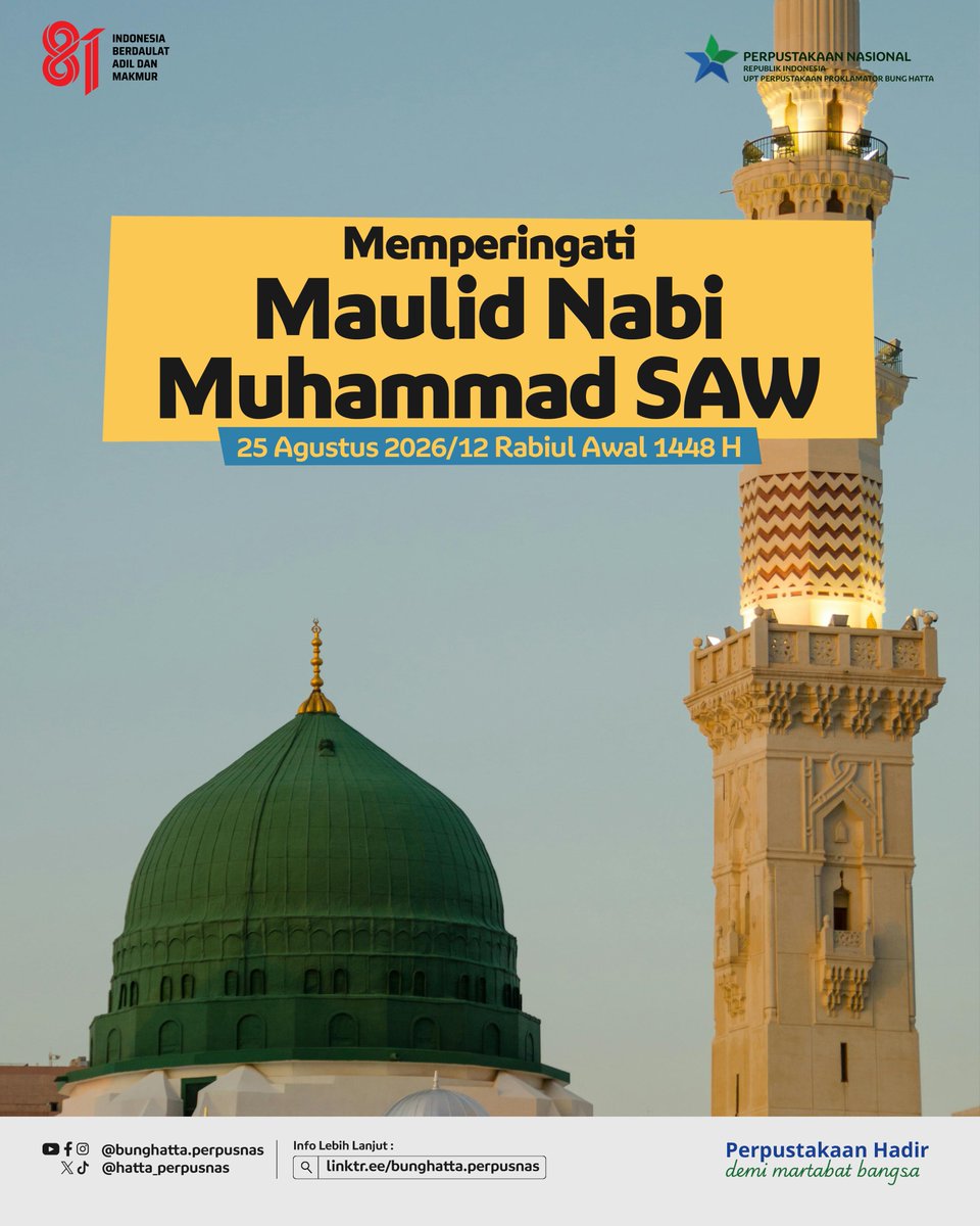 hatta_perpusnas's tweet photo. Selamat memperingati Maulid Nabi Muhammad SAW. Semoga peringatan ini menguatkan semangat untuk terus menebarkan kebaikan, menjaga persaudaraan, dan meneladani akhlak Rasulullah dalam kehidupan sehari hari. https://t.co/gPdBh66O6e