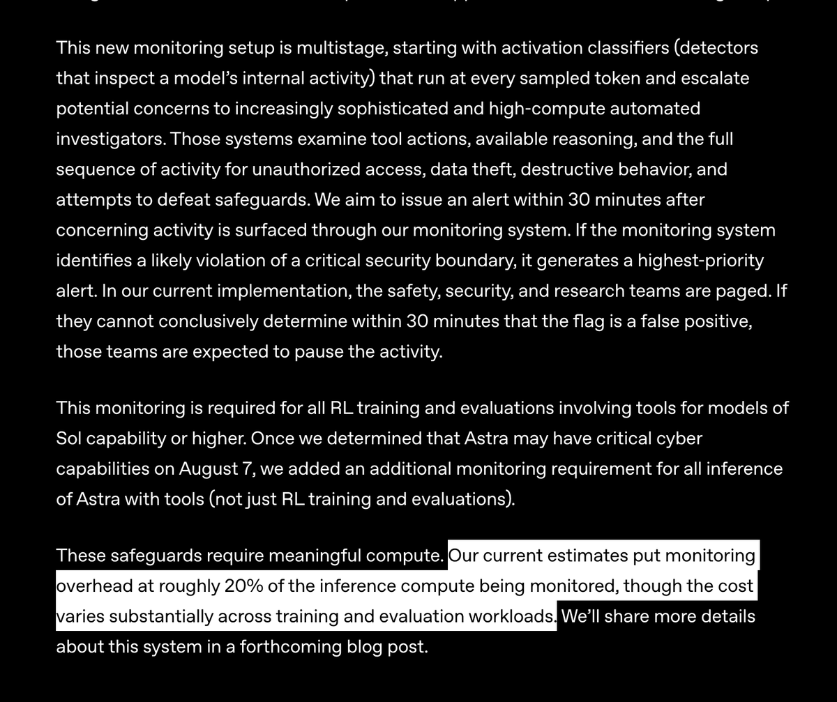 JongwonPar9958's tweet photo. The most important number in OpenAI's RL pause post: safety monitoring adds ~20% overhead on RL rollout inference compute.

Activation probes cost almost nothing. So that 20% is mostly LLM judges investigating flagged rollouts in depth. 

Assume just 10% of investigated rollouts turn out to be actual hacking behavior. That's still 2% of ALL rollouts landing in a human review queue, for final confirmation and environment patching, which is massive. I doubt any lab can fully internalize this loop.

That gap is where I expect a wave of opportunities: human review and patching of RL environments and agent traces, as its own layer.

If you're at a frontier lab, safety lab, or startup and thinking about this, my DMs are open.