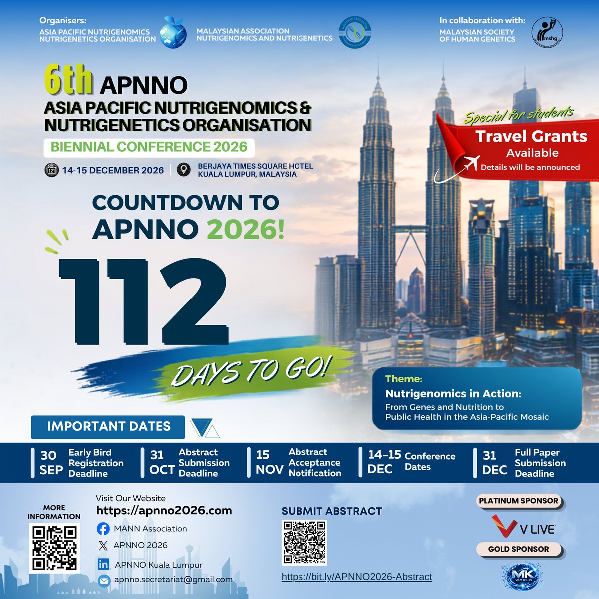 APNNO2026's tweet photo. ⏳ 112 DAYS TO GO! #APNNO2026 🧬🇲🇾
Join us in KL for the 6th APNNO Biennial Conference!

30 SEP: Early Bird Registration Deadline 
🎓Student Travel Grants Available!
🌐 Register &amp; Submit: https://t.co/nohbPaN9ye📝 Abstract Link: https://t.co/5lHma3ut9j
#Nutrigenomics #nutrition https://t.co/7wDY7dlnIn