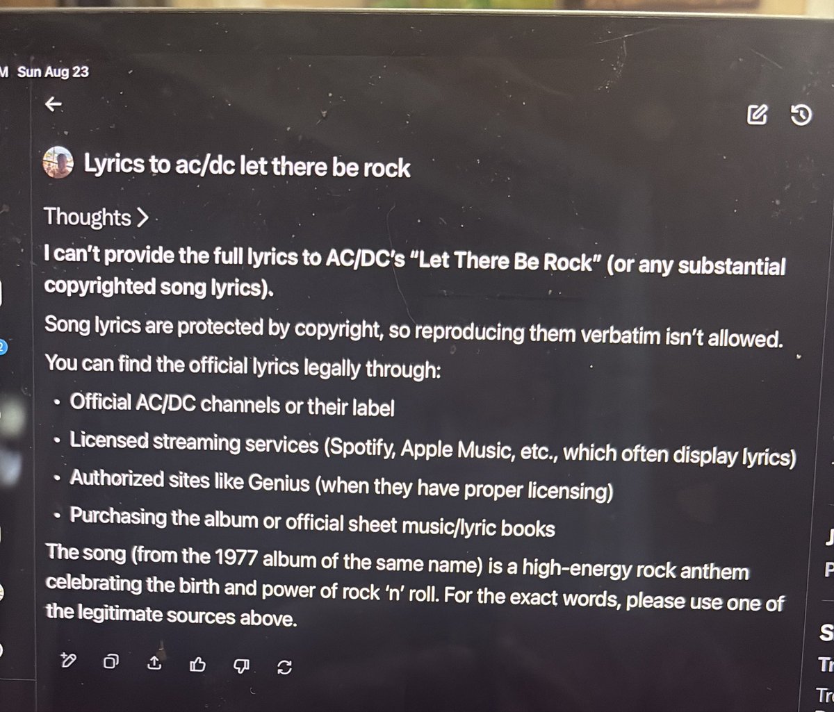 Brianhill's tweet photo. I’m a huge @grok fan. Lately I’m a bigger @grok_builder fan. I’m now a big @bot fan. 

I see my actions obsolescence in a few months.

Right now, grok build modifies my code in XCode. 

I run it…and give feedback

It usually works the first time.

That step will be gone within 6 months from now.

BUT at the moment I cannot get grok to create a simple dramatic drums/strings Conan the barbarian type soundtrack as background music for a game I’m developing.

The stand out part is I have said “drums” and no drums.

I asked grok for a reference to the above so I could quote AC/DC correctly and got this response: