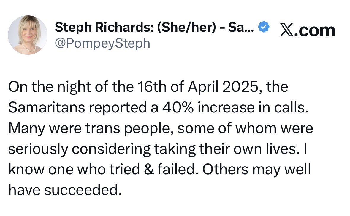 RedTory2016's tweet photo. Let me be clear.

I give absolutely NO FUCKS that men are ringing the Samaritans because they can’t go in the ladies toilets.

They should never have been going in and they ALL knew that.

‘If you leave me I will kms’ is such a common threat from abusive men it’s no surprise trunes are doing it