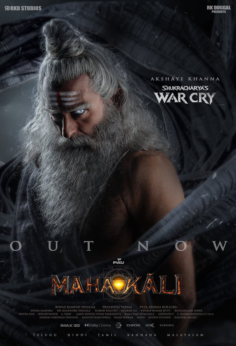 taran_adarsh's tweet photo. FROM THE UNIVERSE OF 'HANU-MAN': AKSHAYE KHANNA AS SHUKRACHARYA IN 'MAHAKALI' – FIRST GLIMPSE OUT NOW – 8 JAN 2027 RELEASE... #AkshayeKhanna transforms into #Shukracharya, the formidable guru of the asuras, in #Mahakali, the next chapter in the Prasanth Varma Cinematic Universe [#PVCU].

The makers have also announced the theatrical release date: 8 Jan 2027.

⭐ #Shukracharya's War Cry 🔗: https://t.co/ozGV1gN3hx

The film also stars #SriyaReddy, #BhoomiShetty, #RohitSaraf, and several other prominent actors.

Written, conceptualised, and created by #PrasanthVarma, #Mahakali is directed by Puja Kolluru... Presented by RK Duggal... Produced by Riwaz Ramesh Duggal [under the RKD Studios banner].

#Mahakali will release in #Telugu, #Hindi, #Tamil, #Kannada, and #Malayalam.
