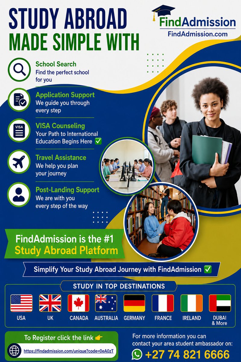 robertnd61's tweet photo. Your Path to International Education Begins Here 🎓

Simplify Your Study Abroad Journey withFindAdmission✅️

No more endless hours searching for the right courses and institutions.

To Register click the link👉
https://t.co/ceNUrfQ8Ww https://t.co/fx3o01BltY