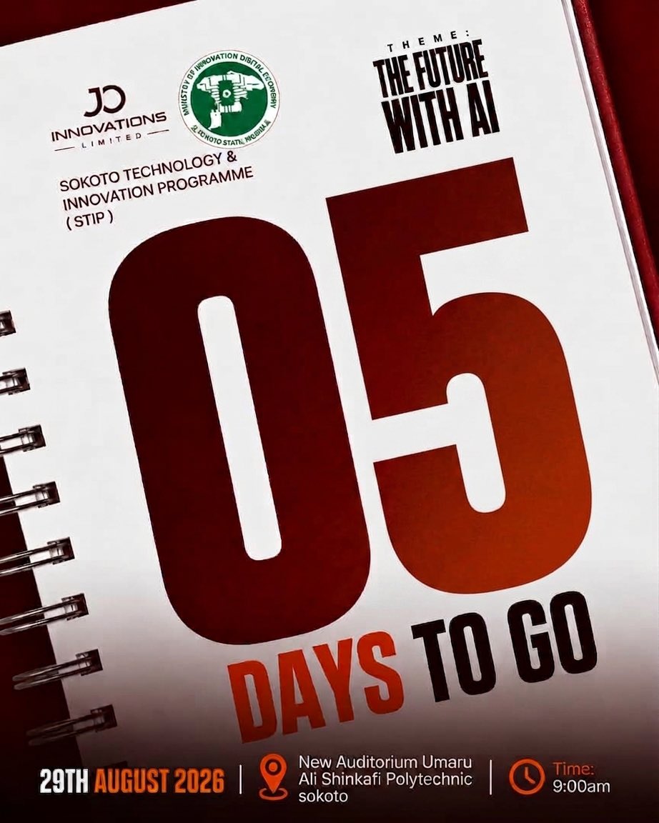 JOInnovations's tweet photo. Artificial Intelligence isn't the future anymore,it's happening right now.
In just 5 days, the Sokoto Technology &amp; Innovation Programme brings you The Future with AI.
Where: New Auditorium, Umaru Ali Shinkafi Polytechnic, Sokoto
When: August 29th, 2026 at 9:00 AM
Don't miss out. https://t.co/49uYnyY17f