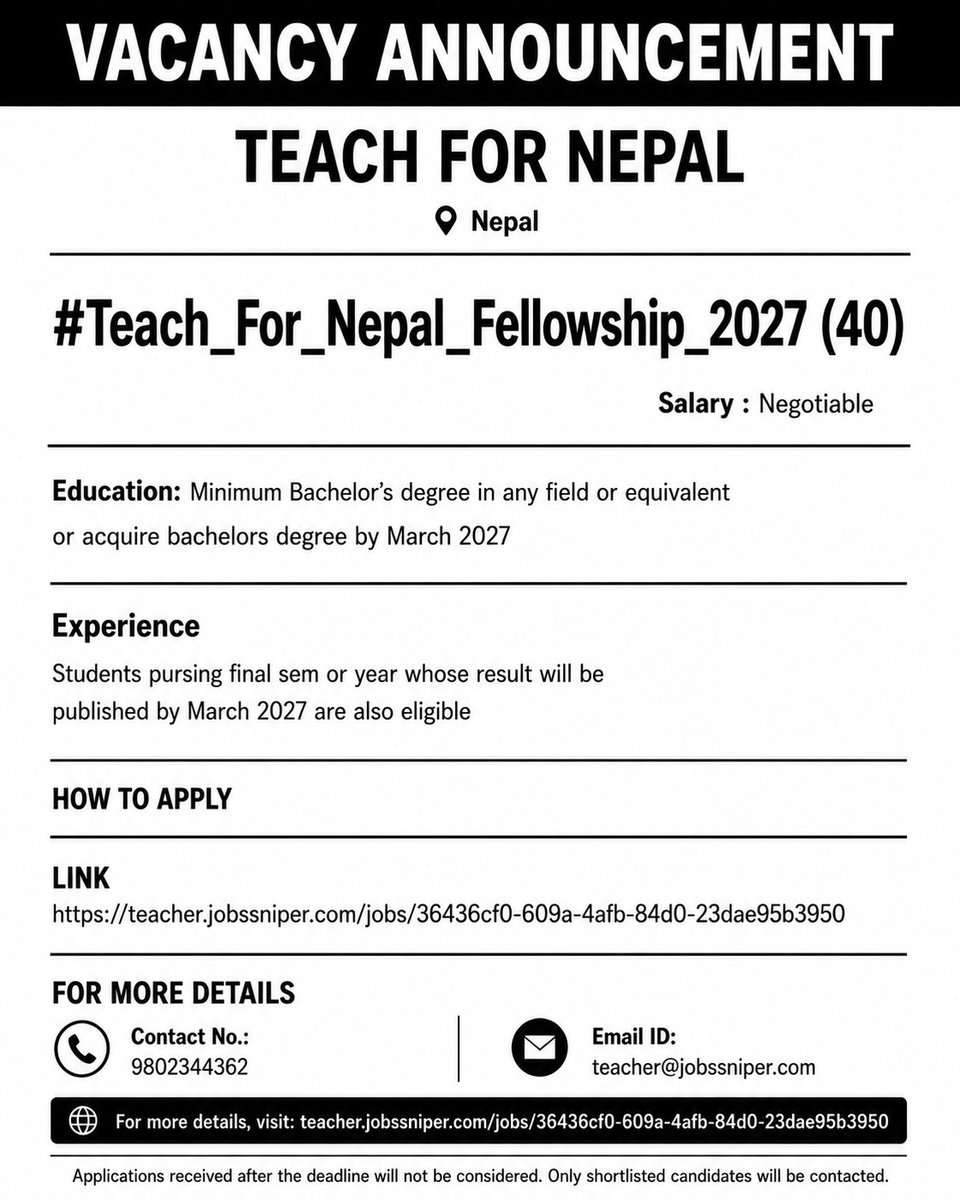 teacherjs2020's tweet photo. Position: #Teach_For_Nepal_Fellowship_2027 (40)

Company: Teach For Nepal
Location: Nepal

Link: https://t.co/nMGDGw5bA1

#jobssniper #onjobssniper 
#TeacherJobs #TeacherJobsNepal #TeachingJobsNepal #TeachingVacancy #TeacherVacancy #TeacherHiring #JobsForTeachers https://t.co/Airmc60wyR