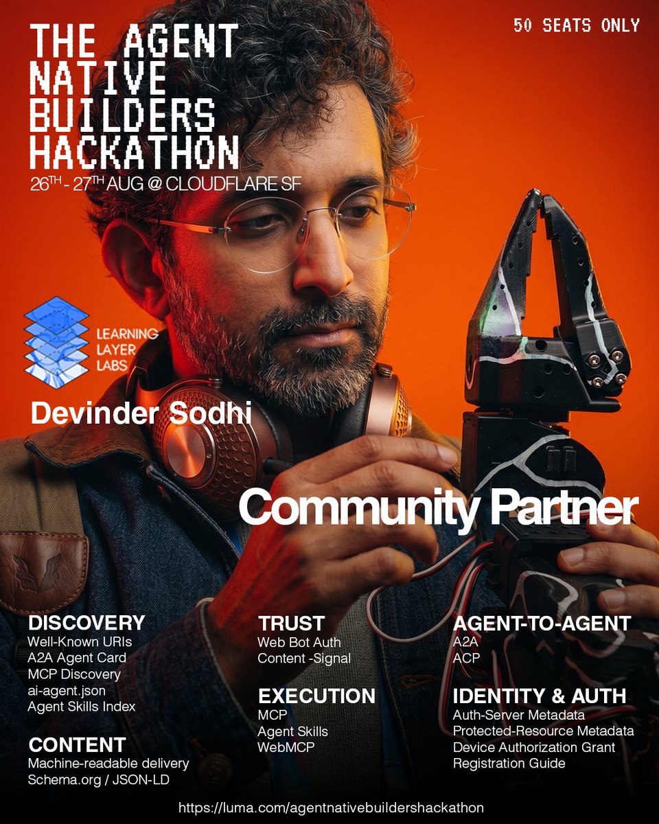immersivecommon's tweet photo. Devinder Sodhi, founder of Learning Layer Labs, is our community partner at the Agent Native Builders Hackathon.

Learning Layer Labs is credited with starting multiple successful community centered STEM first labs, spaces and art+tech residencies. Nobody does more to ease tech anxiety than @DevSodhi

Aug 26-27, Cloudflare SF, 50 builder seats only
https://t.co/TNO7s1kywS