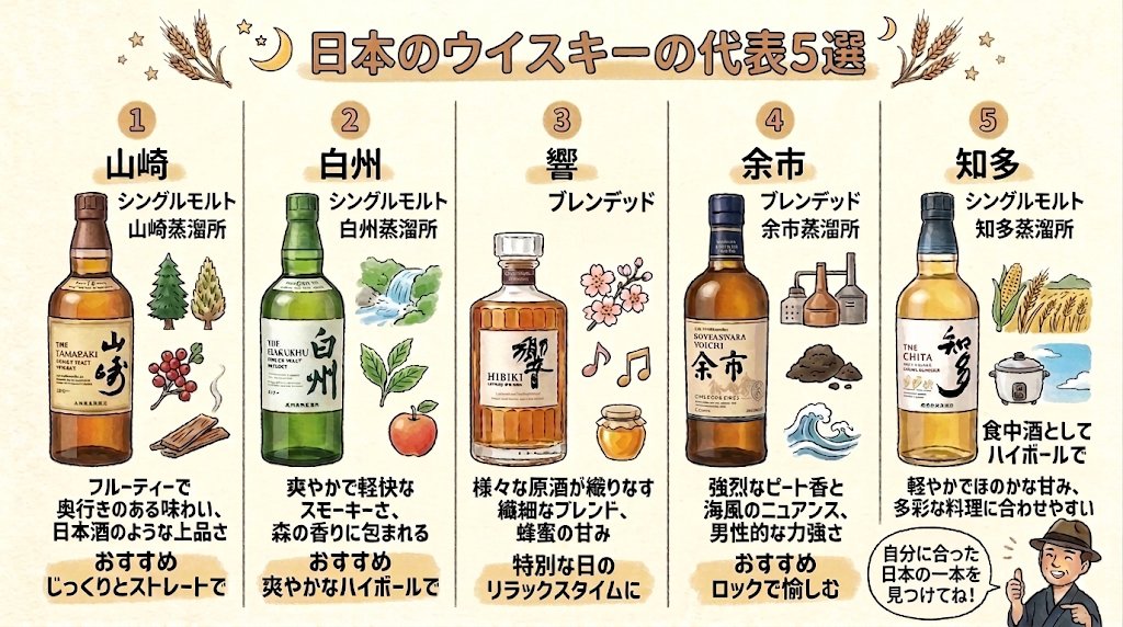 crow_crow_bee's tweet photo. 【日本のウイスキー代表5選】※AI生成  

山崎：華やかな香りと重厚で複雑な味わい
白州：森の若葉を思わせる爽やかで清涼な味
響：日本の四季が織りなす極上の調和美
余市：力強いスモーキーさと重厚なピート感
知多：軽やかで仄かに甘いスムースな風味が魅力

個人的には知多ハイボールがオススメ👍 https://t.co/Jd6G9qpif6