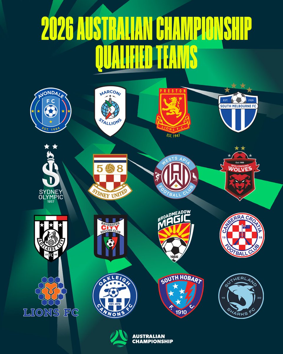 AusChampionship's tweet photo. CONFIRMED: The qualified clubs for the 2026 edition of the #AusChampionship are locked in! 🔒

Bayswater City, Broadmeadow Magic, Canberra Croatia and South Hobart return for a second straight year, while Adelaide City, Lions FC, Oakleigh Cannons and Sutherland Sharks who make their maiden appearances in the competition. 👏

The #AusChampionship will commence from 16 October 2026 with the Championship Final scheduled for 12-13 December 2026. 👀