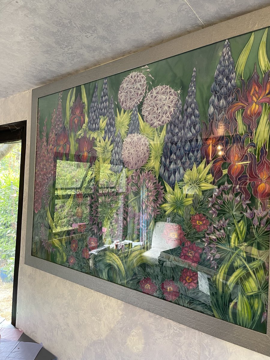 meikiecakie's tweet photo. Temporarily framed the Flower Bed piece to enjoy in the studio. Eventually if I’m not sending it abroad it will be fixed to a backing board &amp; varnished so no need for glass which causes reflections. It needs a better name… suggestions please? 
#bigart
Find me at Meikie Designs. https://t.co/fariNvODgL