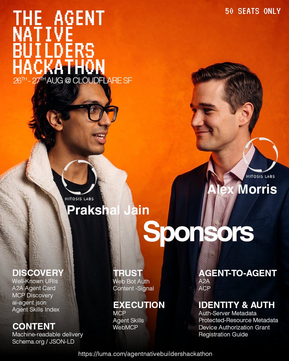 immersivecommon's tweet photo. Mitosis Labs is sponsoring the Agent Native Builders Hackathon.

The source of truth your agents read from. Memory that survives the session, not a confident stranger every morning. @MitosisLabs @prakshaljain_ @alex_d_morris

Aug 26-27, Cloudflare SF.
https://t.co/TNO7s1kywS

#AgentNatives #AIAgents