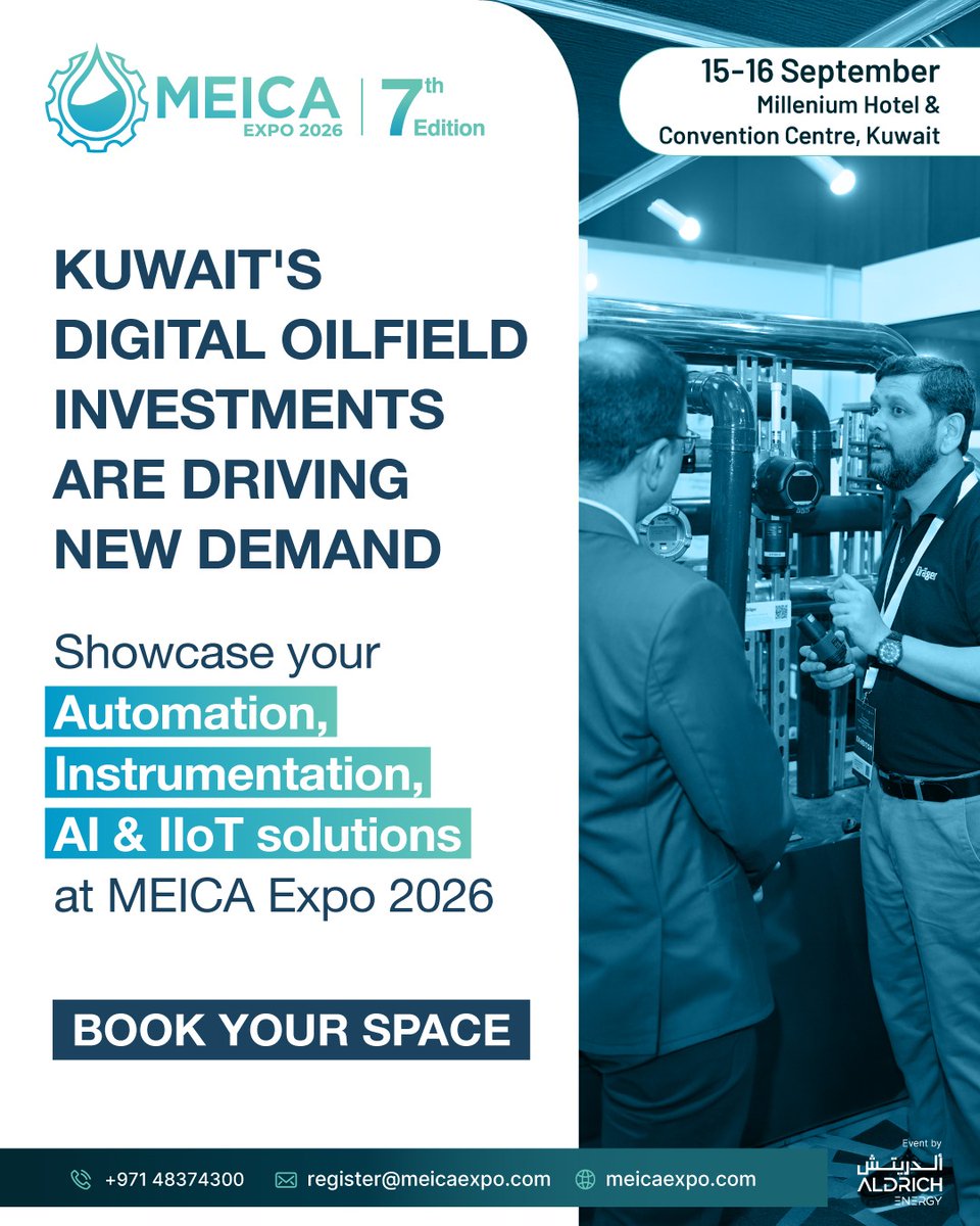 MEICAEXPO's tweet photo. Kuwait’s digital oilfield shift is unlocking new business potential. Present your innovations, form strong partnerships, and lead in Kuwait’s evolving oil &amp; gas sector.
Book your space today!
🔗https://t.co/QrAQLlsied
#MEICAExpo2026 #Kuwait #DigitalOilfield #DigitalTransformation https://t.co/gVuMI7gQK4
