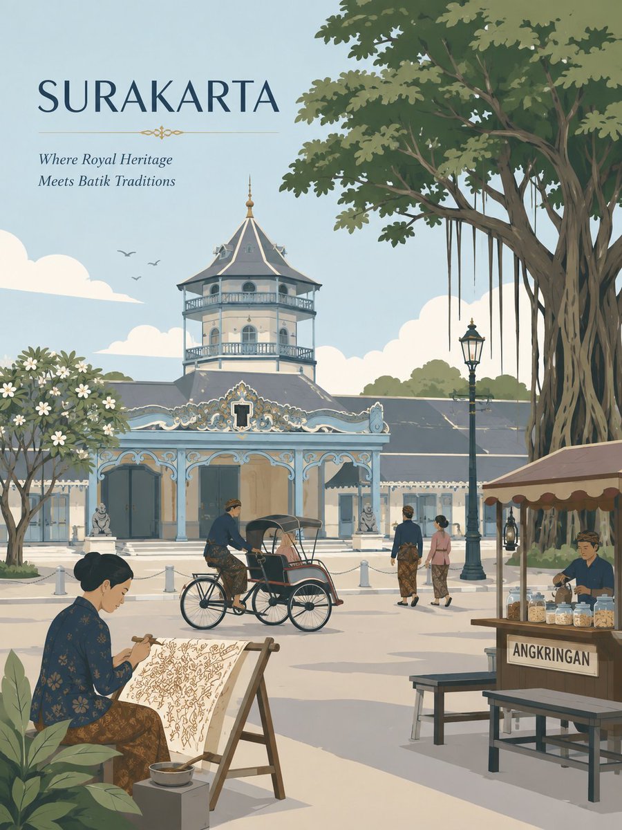 SoloMenfess's tweet photo. Prompt Picture GPT, di ChatGPT

Prompt  
Premium minimalist flat vector travel poster for SURAKARTA, vertical 3:4 format.

Design an original and sophisticated travel poster that captures the authentic visual personality of Surakarta (Solo) — a royal Javanese heritage city in Central Java, Indonesia, known for its palace culture, batik tradition, and refined old-world charm. The composition should feel custom-built for this city rather than following a reusable template.

CITY IDENTITY

Build the scene around these five elements:

Recognizable landmark/skyline: the silhouette of the Kasunanan Surakarta Palace (Keraton Surakarta) with its distinctive pendopo roof and watchtower (Panggung Sanggabuwana), rendered as a graceful architectural feature.
Locally distinctive way of moving through the city: a becak (pedicab) or andong (horse-drawn carriage) moving along a tree-lined boulevard, evoking Solo's unhurried pace.
Subtle everyday lifestyle moment: an artisan bent over a canting, hand-drawing wax patterns onto batik cloth stretched on a frame — Solo is one of Indonesia's most iconic batik-producing cities.
Native landscape/environment: the Bengawan Solo river winding at the edge of town, or a row of frangipani and banyan trees shading the palace square (alun-alun).
Natural point-of-view composition: a view across the palace's northern square (Alun-alun Lor) toward the keraton gate and watchtower, with a lone banyan tree and market stalls softly framing the scene.

TYPOGRAPHY

Place "SURAKARTA" in the upper-left area with clean, generous negative space.

Add one short, sophisticated English tagline inspired by the city's mood — something evoking royal heritage, batik craftsmanship, or timeless Javanese elegance. Choose the tone that best represents Solo's refined, unhurried character.

Typography should feel simple, editorial, spacious, and premium. Never let the text dominate the artwork.

VISUAL HIERARCHY

Main focal point: the keraton's gate and watchtower silhouette, or the iconic clock tower of Pasar Gede market.

Support with only 2–4 carefully chosen local elements: a becak, batik cloth on a frame, a banyan tree, or a market stall.

Avoid landmark collages. Keep the scene visually calm and deliberate.

PEOPLE

Include only 3–6 small-scale figures, each with a plausible activity connected to local life:
drawing batik with a canting, pedaling a becak, wearing traditional Javanese attire while walking to the palace square, selling jamu or snacks at a market stall, riding an andong, or sitting quietly beneath a banyan tree.
Avoid crowds and avoid making any single figure a dominant hero character. Figures should be naturally integrated into the environment.

LOCAL CHARACTER

Use only elements that genuinely fit Surakarta:

becak and andong (horse carriage)

Javanese palace (keraton) architecture with joglo/pendopo roof forms
batik cloth, canting tools, and wax-dyeing frames
banyan trees (beringin) framing the palace square
Pasar Gede market architecture (colonial-Javanese fusion)
traditional Javanese dress: kebaya, blangkon, batik sarong
soft references to gamelan or traditional street food carts (angkringan)
Keep transport and signage details subtle — use small icons like a palace clock, a market stall sign, or a becak bell, rather than large billboards.

ART DIRECTION

Aesthetic inspired by Japanese stationery design, luxury sticker illustration, premium commercial vector artwork, modern editorial travel branding, clean thin lines, uniform line weight, simple geometric shapes, flat color illustration, soft shapes, balanced visual rhythm, upscale minimalist postcard design.

COLOR SYSTEM

Build the mood primarily with: pale powder blue, soft dawn-sky blue, gentle misty blue, and cool breezy blues.

Balance with: warm ivory, cream, soft beige, muted sage green, earthy batik-brown neutrals, and simple architectural tones.

Use dusty rose or muted gold only as small accents — for batik motifs, palace roof trim, or traditional textile details.

Colors should remain soft, sophisticated, slightly desaturated, and cohesive.

MOOD

Serene, dignified, unhurried, quietly elegant, contemporary, refined — the feeling of a timeless royal Javanese town at rest in soft morning light.

IMPORTANT QUALITY RULES

The scene must feel specifically like Surakarta — not generic Central Java, not Yogyakarta, not another palace city. The keraton–batik–banyan tree blend is the unique signature that must be clearly visible. Do not reuse Yogyakarta's palace formula; Solo's keraton and square have their own distinct architectural character.

NEGATIVE PROMPT

No photorealism. No watercolor. No painterly brushstrokes. No gradients. No heavy shadows. No dramatic cinematic lighting. No paper texture. No excessive detail. No cluttered background. No landmark collage. No busy streets. No dominant hero character. No café composition. No layout copied from another city (especially Yogyakarta). No unnecessary decorative elements.