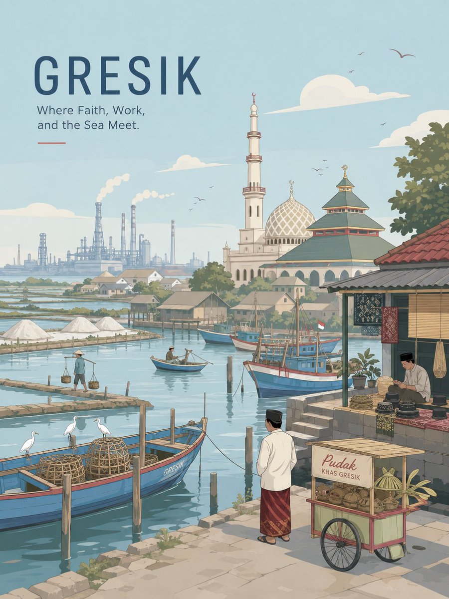SoloMenfess's tweet photo. Prompt Picture GPT, di ChatGPT

Prompt  
Premium minimalist flat vector travel poster for SURAKARTA, vertical 3:4 format.

Design an original and sophisticated travel poster that captures the authentic visual personality of Surakarta (Solo) — a royal Javanese heritage city in Central Java, Indonesia, known for its palace culture, batik tradition, and refined old-world charm. The composition should feel custom-built for this city rather than following a reusable template.

CITY IDENTITY

Build the scene around these five elements:

Recognizable landmark/skyline: the silhouette of the Kasunanan Surakarta Palace (Keraton Surakarta) with its distinctive pendopo roof and watchtower (Panggung Sanggabuwana), rendered as a graceful architectural feature.
Locally distinctive way of moving through the city: a becak (pedicab) or andong (horse-drawn carriage) moving along a tree-lined boulevard, evoking Solo's unhurried pace.
Subtle everyday lifestyle moment: an artisan bent over a canting, hand-drawing wax patterns onto batik cloth stretched on a frame — Solo is one of Indonesia's most iconic batik-producing cities.
Native landscape/environment: the Bengawan Solo river winding at the edge of town, or a row of frangipani and banyan trees shading the palace square (alun-alun).
Natural point-of-view composition: a view across the palace's northern square (Alun-alun Lor) toward the keraton gate and watchtower, with a lone banyan tree and market stalls softly framing the scene.

TYPOGRAPHY

Place "SURAKARTA" in the upper-left area with clean, generous negative space.

Add one short, sophisticated English tagline inspired by the city's mood — something evoking royal heritage, batik craftsmanship, or timeless Javanese elegance. Choose the tone that best represents Solo's refined, unhurried character.

Typography should feel simple, editorial, spacious, and premium. Never let the text dominate the artwork.

VISUAL HIERARCHY

Main focal point: the keraton's gate and watchtower silhouette, or the iconic clock tower of Pasar Gede market.

Support with only 2–4 carefully chosen local elements: a becak, batik cloth on a frame, a banyan tree, or a market stall.

Avoid landmark collages. Keep the scene visually calm and deliberate.

PEOPLE

Include only 3–6 small-scale figures, each with a plausible activity connected to local life:
drawing batik with a canting, pedaling a becak, wearing traditional Javanese attire while walking to the palace square, selling jamu or snacks at a market stall, riding an andong, or sitting quietly beneath a banyan tree.
Avoid crowds and avoid making any single figure a dominant hero character. Figures should be naturally integrated into the environment.

LOCAL CHARACTER

Use only elements that genuinely fit Surakarta:

becak and andong (horse carriage)

Javanese palace (keraton) architecture with joglo/pendopo roof forms
batik cloth, canting tools, and wax-dyeing frames
banyan trees (beringin) framing the palace square
Pasar Gede market architecture (colonial-Javanese fusion)
traditional Javanese dress: kebaya, blangkon, batik sarong
soft references to gamelan or traditional street food carts (angkringan)
Keep transport and signage details subtle — use small icons like a palace clock, a market stall sign, or a becak bell, rather than large billboards.

ART DIRECTION

Aesthetic inspired by Japanese stationery design, luxury sticker illustration, premium commercial vector artwork, modern editorial travel branding, clean thin lines, uniform line weight, simple geometric shapes, flat color illustration, soft shapes, balanced visual rhythm, upscale minimalist postcard design.

COLOR SYSTEM

Build the mood primarily with: pale powder blue, soft dawn-sky blue, gentle misty blue, and cool breezy blues.

Balance with: warm ivory, cream, soft beige, muted sage green, earthy batik-brown neutrals, and simple architectural tones.

Use dusty rose or muted gold only as small accents — for batik motifs, palace roof trim, or traditional textile details.

Colors should remain soft, sophisticated, slightly desaturated, and cohesive.

MOOD

Serene, dignified, unhurried, quietly elegant, contemporary, refined — the feeling of a timeless royal Javanese town at rest in soft morning light.

IMPORTANT QUALITY RULES

The scene must feel specifically like Surakarta — not generic Central Java, not Yogyakarta, not another palace city. The keraton–batik–banyan tree blend is the unique signature that must be clearly visible. Do not reuse Yogyakarta's palace formula; Solo's keraton and square have their own distinct architectural character.

NEGATIVE PROMPT

No photorealism. No watercolor. No painterly brushstrokes. No gradients. No heavy shadows. No dramatic cinematic lighting. No paper texture. No excessive detail. No cluttered background. No landmark collage. No busy streets. No dominant hero character. No café composition. No layout copied from another city (especially Yogyakarta). No unnecessary decorative elements.