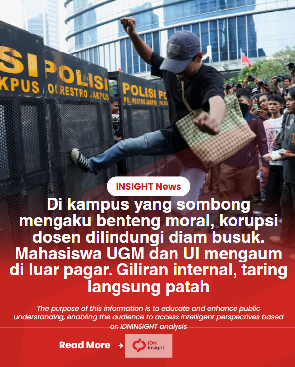 IDNInsight's tweet photo. 📍Di kampus yang sombong mengaku benteng moral, korupsi dosen dilindungi diam busuk. Mahasiswa UGM dan UI mengaum di luar pagar. Giliran internal, taring langsung patah.

Maret 2026. Tiga dosen UGM, Rachmad Gunadi, Hargo Utomo, Henry Yuliando, divonis 2–3 tahun bui. Pengadaan biji kakao fiktif. Negara rugi Rp 6,72 miliar. Dokumen palsu. Dana cair. Kakao? Nol.

UGM nonaktifkan, bilang “hormati hukum”. Lalu sepi. Tidak ada massa di Bulaksumur. Tidak ada orasi. Mahasiswa yang biasa menghujat istana tiba-tiba bungkam. Korupsi di rumah sendiri? “Urusan keluarga.”

Di UI, budaya permisif merayap, anggaran samar, mark-up biasa. 

Bandingkan energi mereka. Hanya 2026, Juni, BEM UI kerahkan 700–3.000 orang ke Bundaran HI. Agustus lagi, ratusan ditambah aliansi, 9.242 aparat dikerahkan. Gelombang 2025–2026 melibatkan ribuan di banyak kota, termasuk aksi UGM di Yogya.

Giliran pemerintah, mereka harimau. Giliran dosen sendiri menilep uang negara, mereka jadi kucing penakut. Standar ganda sejelas siang. Statistik demo jadi bukti paling memalukan, energi mengecam istana tak terbatas, membersihkan kampus? Nol.

Diam ini memperkuat tuduhan demo ditunggangi politik. Kemarahan selektif, menyala hanya saat target di luar, padam saat sumber dari dalam, membuat publik berhak curiga. Anti-korupsi murni, atau sekadar amunisi?

Bagaimana mungkin generasi yang mampu mengerahkan ribuan orang bisa tenang melihat dosennya divonis korupsi miliaran? Integritas tidak bisa dibagi. 

Diam terhadap korupsi internal adalah pengkhianatan paling hina terhadap semangat yang mereka sendiri teriakkan.