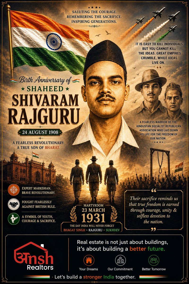 AnshRealtors's tweet photo. Let’s celebrate the birth anniversary of a real son of India — Shaheed Shivaram Rajguru. 🇮🇳 A fearless revolutionary who sacrificed his life for the freedom of the nation. Remembering Shaheed Rajguru with pride. 🇮🇳🔥#trending #fypシ゚viral #explore #FreeJulián #india https://t.co/TwQcjO7ec1