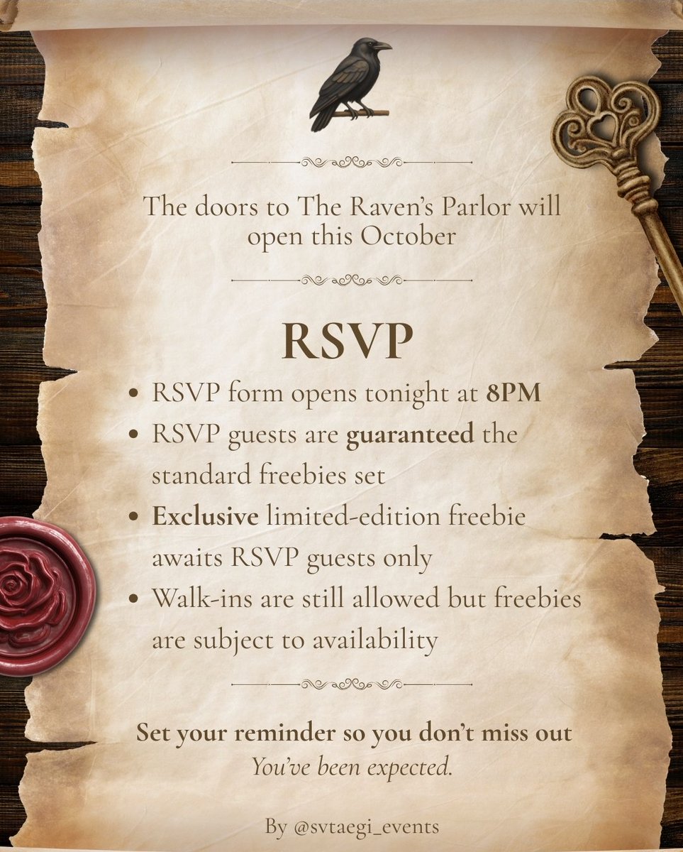 svtaegi_events's tweet photo. 𓅓 YOUR INVITATION HAS ARRIVED.

The doors of The Raven’s Parlor will finally open.

📜 10.10.2026
🕰 2PM - 6PM
📍 BASE PG, Penang

🗝️ RSVP opens TONIGHT at 8PM

And for those who RSVP, the Raven may have something special waiting. 👀
#jeonghan #jeonghan_the_raven https://t.co/eKwUneFj0b