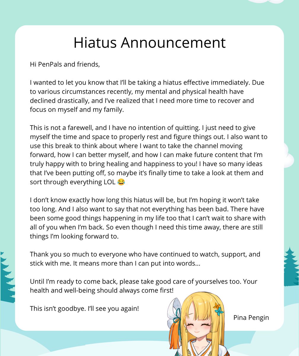 PinaPengin's tweet photo. Hiatus Announcement
Love you all lots 💛 https://t.co/0rKv083w6T
