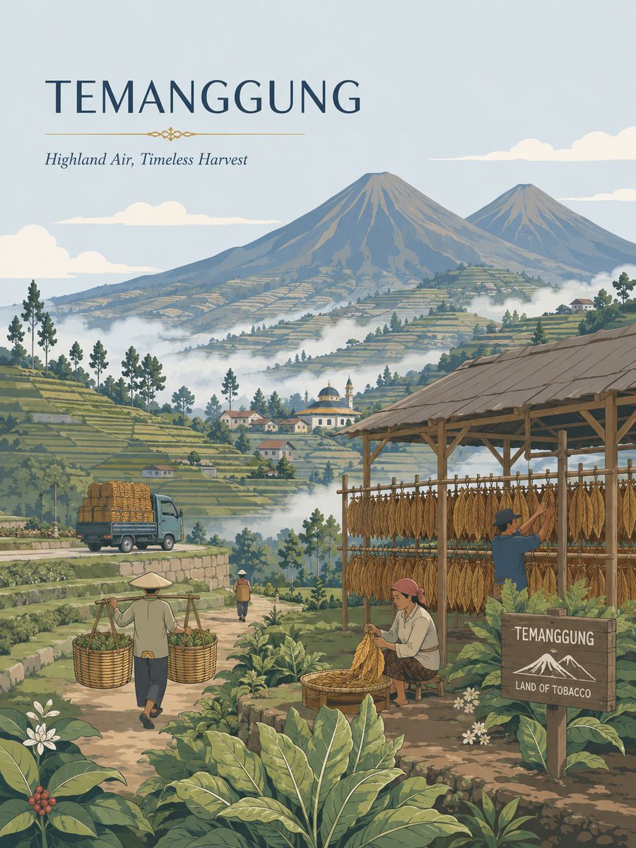 SoloMenfess's tweet photo. Prompt Picture GPT, di ChatGPT

Prompt  
Premium minimalist flat vector travel poster for SURAKARTA, vertical 3:4 format.

Design an original and sophisticated travel poster that captures the authentic visual personality of Surakarta (Solo) — a royal Javanese heritage city in Central Java, Indonesia, known for its palace culture, batik tradition, and refined old-world charm. The composition should feel custom-built for this city rather than following a reusable template.

CITY IDENTITY

Build the scene around these five elements:

Recognizable landmark/skyline: the silhouette of the Kasunanan Surakarta Palace (Keraton Surakarta) with its distinctive pendopo roof and watchtower (Panggung Sanggabuwana), rendered as a graceful architectural feature.
Locally distinctive way of moving through the city: a becak (pedicab) or andong (horse-drawn carriage) moving along a tree-lined boulevard, evoking Solo's unhurried pace.
Subtle everyday lifestyle moment: an artisan bent over a canting, hand-drawing wax patterns onto batik cloth stretched on a frame — Solo is one of Indonesia's most iconic batik-producing cities.
Native landscape/environment: the Bengawan Solo river winding at the edge of town, or a row of frangipani and banyan trees shading the palace square (alun-alun).
Natural point-of-view composition: a view across the palace's northern square (Alun-alun Lor) toward the keraton gate and watchtower, with a lone banyan tree and market stalls softly framing the scene.

TYPOGRAPHY

Place "SURAKARTA" in the upper-left area with clean, generous negative space.

Add one short, sophisticated English tagline inspired by the city's mood — something evoking royal heritage, batik craftsmanship, or timeless Javanese elegance. Choose the tone that best represents Solo's refined, unhurried character.

Typography should feel simple, editorial, spacious, and premium. Never let the text dominate the artwork.

VISUAL HIERARCHY

Main focal point: the keraton's gate and watchtower silhouette, or the iconic clock tower of Pasar Gede market.

Support with only 2–4 carefully chosen local elements: a becak, batik cloth on a frame, a banyan tree, or a market stall.

Avoid landmark collages. Keep the scene visually calm and deliberate.

PEOPLE

Include only 3–6 small-scale figures, each with a plausible activity connected to local life:
drawing batik with a canting, pedaling a becak, wearing traditional Javanese attire while walking to the palace square, selling jamu or snacks at a market stall, riding an andong, or sitting quietly beneath a banyan tree.
Avoid crowds and avoid making any single figure a dominant hero character. Figures should be naturally integrated into the environment.

LOCAL CHARACTER

Use only elements that genuinely fit Surakarta:

becak and andong (horse carriage)

Javanese palace (keraton) architecture with joglo/pendopo roof forms
batik cloth, canting tools, and wax-dyeing frames
banyan trees (beringin) framing the palace square
Pasar Gede market architecture (colonial-Javanese fusion)
traditional Javanese dress: kebaya, blangkon, batik sarong
soft references to gamelan or traditional street food carts (angkringan)
Keep transport and signage details subtle — use small icons like a palace clock, a market stall sign, or a becak bell, rather than large billboards.

ART DIRECTION

Aesthetic inspired by Japanese stationery design, luxury sticker illustration, premium commercial vector artwork, modern editorial travel branding, clean thin lines, uniform line weight, simple geometric shapes, flat color illustration, soft shapes, balanced visual rhythm, upscale minimalist postcard design.

COLOR SYSTEM

Build the mood primarily with: pale powder blue, soft dawn-sky blue, gentle misty blue, and cool breezy blues.

Balance with: warm ivory, cream, soft beige, muted sage green, earthy batik-brown neutrals, and simple architectural tones.

Use dusty rose or muted gold only as small accents — for batik motifs, palace roof trim, or traditional textile details.

Colors should remain soft, sophisticated, slightly desaturated, and cohesive.

MOOD

Serene, dignified, unhurried, quietly elegant, contemporary, refined — the feeling of a timeless royal Javanese town at rest in soft morning light.

IMPORTANT QUALITY RULES

The scene must feel specifically like Surakarta — not generic Central Java, not Yogyakarta, not another palace city. The keraton–batik–banyan tree blend is the unique signature that must be clearly visible. Do not reuse Yogyakarta's palace formula; Solo's keraton and square have their own distinct architectural character.

NEGATIVE PROMPT

No photorealism. No watercolor. No painterly brushstrokes. No gradients. No heavy shadows. No dramatic cinematic lighting. No paper texture. No excessive detail. No cluttered background. No landmark collage. No busy streets. No dominant hero character. No café composition. No layout copied from another city (especially Yogyakarta). No unnecessary decorative elements.