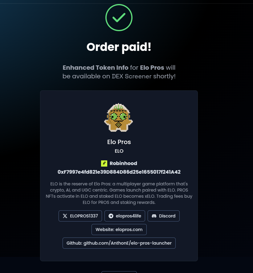 ELOPROS1337's tweet photo. @dexscreener has been paid!

Site updates still rolling out and snapshots tonight https://t.co/YK2sTX5EEP
