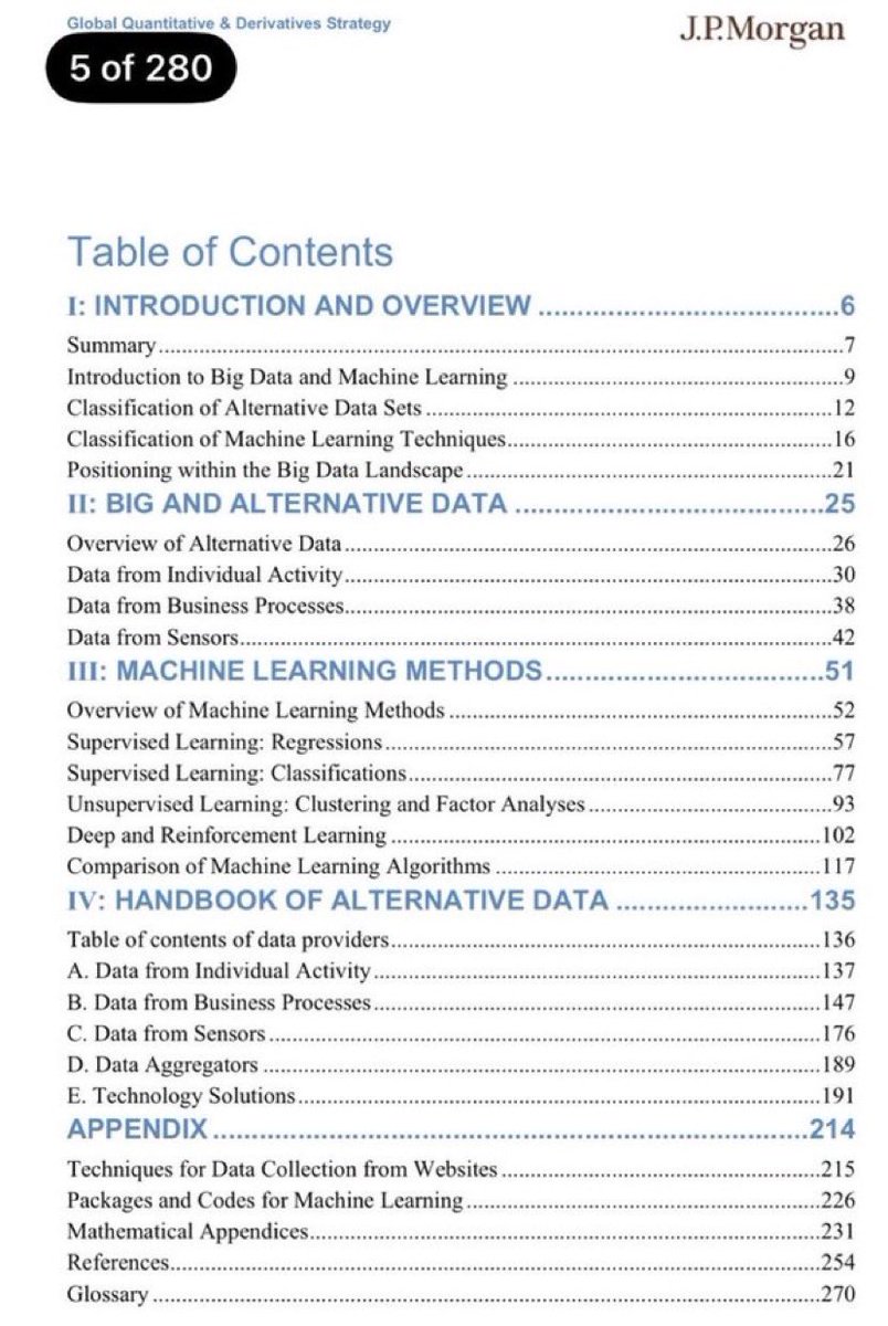 KirkDBorne's tweet photo. This classic FREE 280-page PDF report from @JPMorgan provides an excellent framework for Machine Learning, AI, and Data Science investors, including an overview of types of alternative data and a brilliant tutorial on ML methods to analyze the data: https://t.co/YXQ9YEgZKu https://t.co/EepAT2UGIM