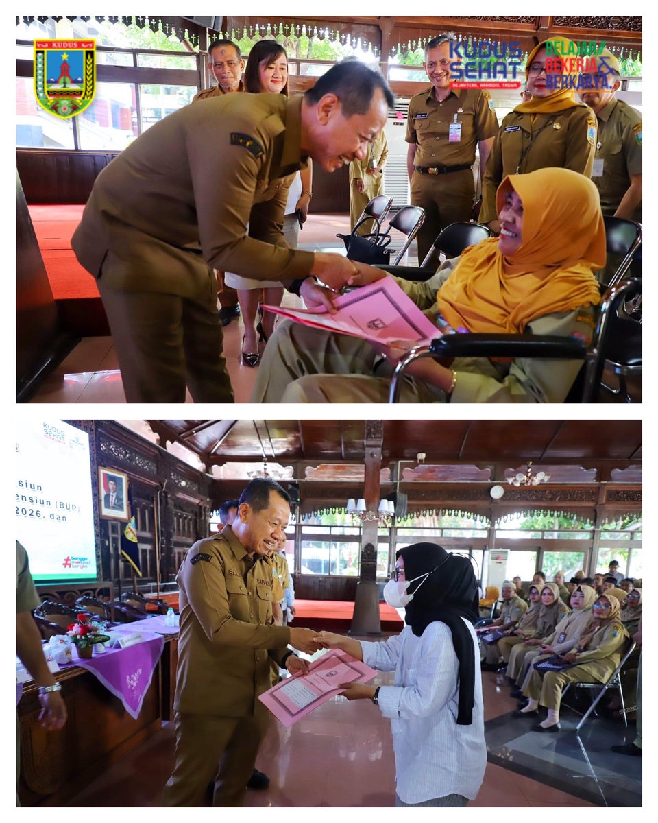 kuduspemkab's tweet photo. Sebanyak 73 PNS menerima Keputusan Bupati Kudus tentang Pemberhentian dan Pemberian Pensiun karena Batas Usia Pensiun (BUP), Pensiun Janda/Duda PNS, serta pemberhentian karena kondisi tertentu di Pendapa Kabupaten Kudus, Senin (24/8/2026). https://t.co/pzVdPbxdrM