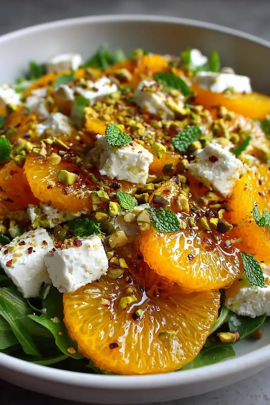 ann_ann886's tweet photo. Citrus Feta Salad with Orange Segments, Pistachios & Mint

Ingredients
1 cup baby spinach or arugula
2 large oranges, peeled and segmented
½ cup feta cheese, crumbled
¼ cup pistachios, roughly chopped
2 tbsp fresh mint leaves, chopped
Honey Citrus Dressing
1 tbsp extra-virgin olive oil
1 tsp fresh lemon juice
1 tsp honey
½ tsp Dijon mustard
Salt, to taste
Freshly cracked black pepper, to taste

Instructions
1. Prepare the Ingredients
Wash and dry the baby spinach or arugula.
Peel the oranges and carefully cut them into segments, removing any seeds.
Roughly chop the pistachios.
Crumble the feta cheese.
Finely chop the fresh mint leaves.
2. Make the Dressing
In a small bowl, whisk together the olive oil, lemon juice, honey, and Dijon mustard until well combined.
Season with salt and freshly cracked black pepper to taste.
3. Assemble the Salad
Arrange the spinach or arugula on a serving platter or in a large salad bowl.
Scatter the orange segments evenly over the greens.
Sprinkle with the crumbled feta, chopped pistachios, and fresh mint.
4. Dress and Serve
Drizzle the honey citrus dressing over the salad just before serving.
Toss gently to coat all the ingredients without breaking up the orange segments.